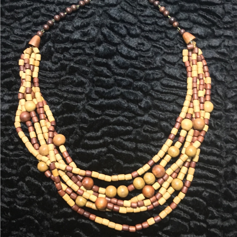 Wooden Multi-Strand Brown and Tan Necklace with Beads